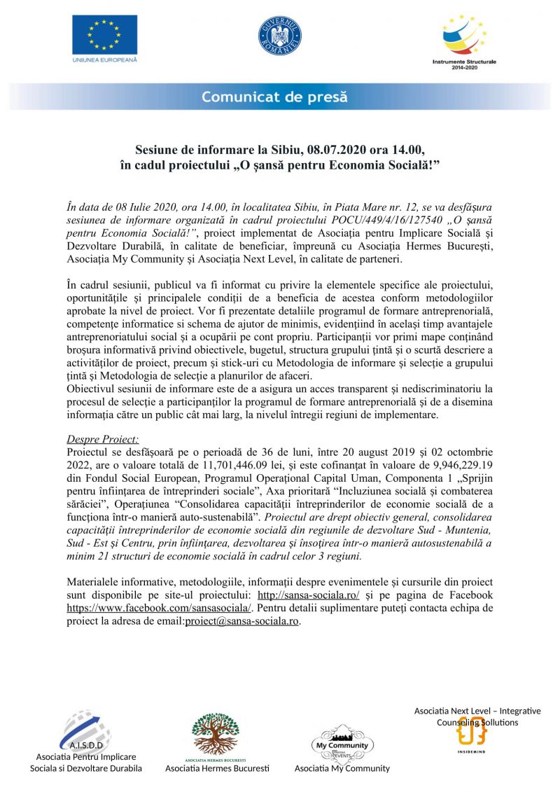 sesiune informare Sibiu comunicat de presa sesiune informare