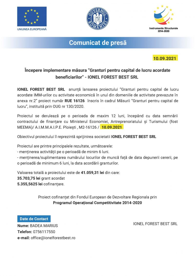 Comunicat de presa Ionel Forest Best SRL