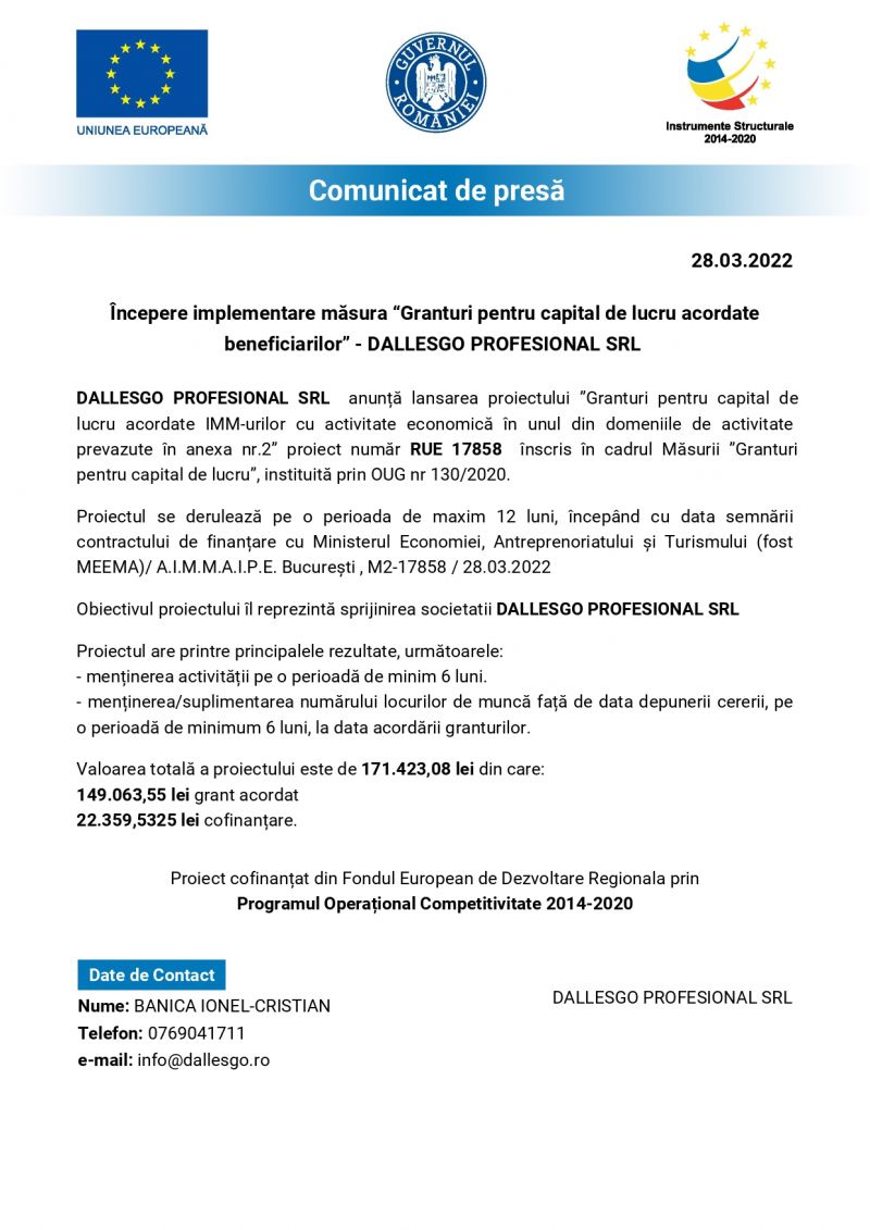 Anunt incepere proiect