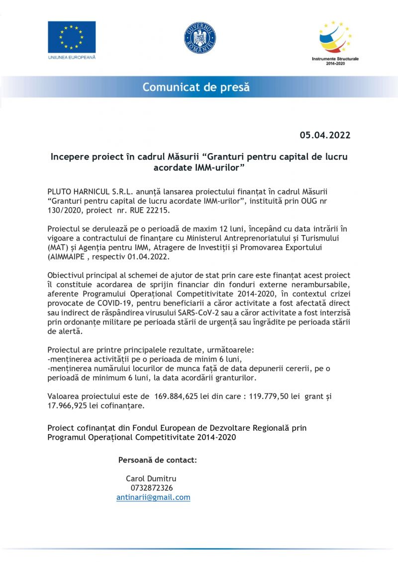 Incepere proiect în cadrul Măsurii “Granturi pentru capital de lucru acordate IMM-urilor”