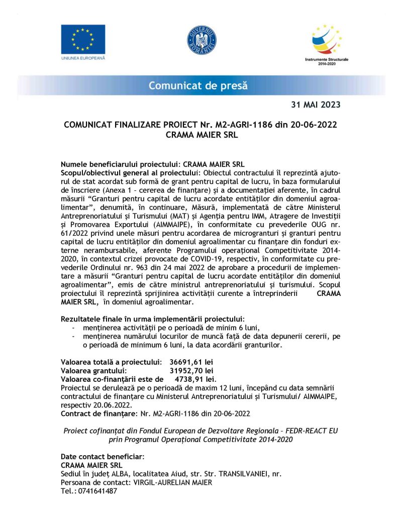 Granturi pentru capital de lucru acordate entităţilor din domeniul agroalimentar