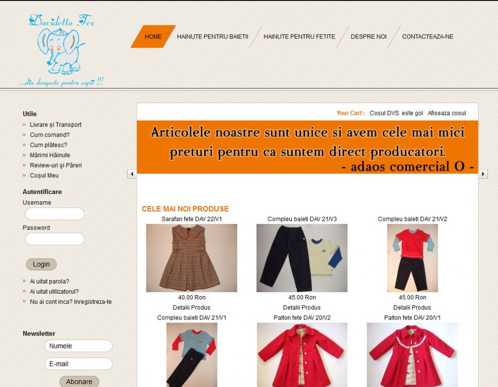 Hainute Davidetto Tex este un magazin virtual dedicat copiilor cu varstele cuprinse intre 1 si 12 ani. Hainute Davidetto Tex este un magazin virtual dedicat copiilor cu varstele cuprinse intre 1 si 12 ani.